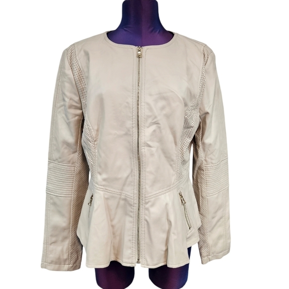 Guess Cream Faux Leather Perforated Flounce Lightweight Jacket Size XL Women's - Picture 1 of 14